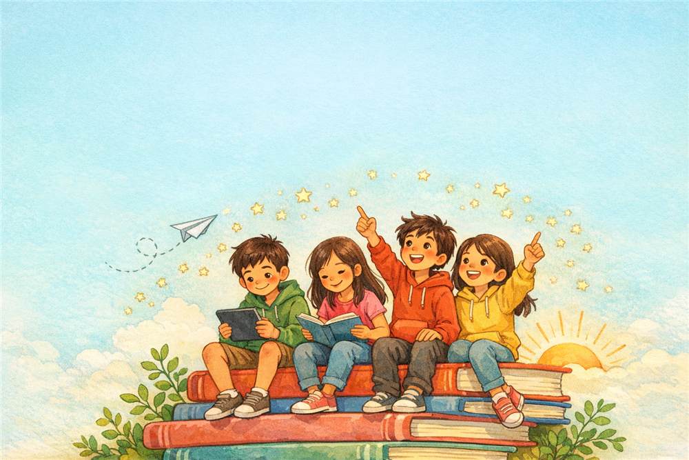 Ragazzi che leggono seduti su una pila di libri