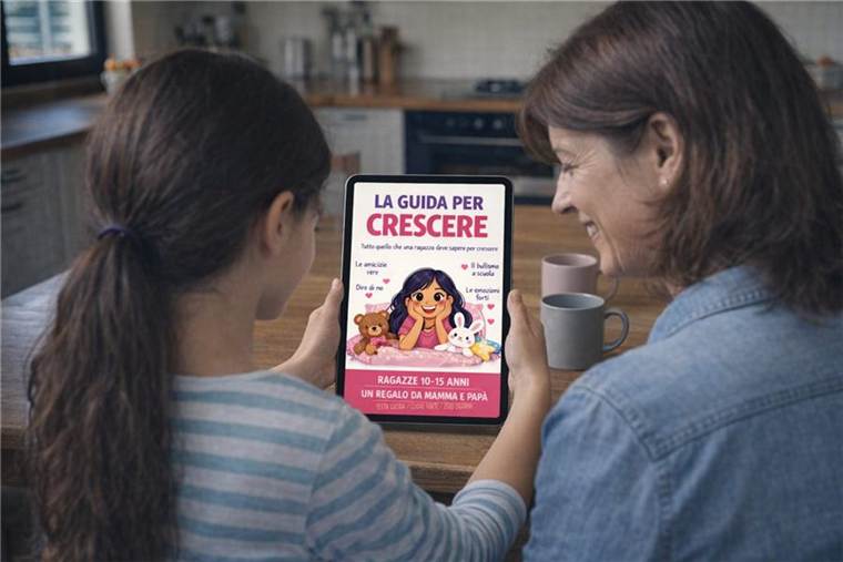 Mamma e figlia leggono insieme la guida sul tablet