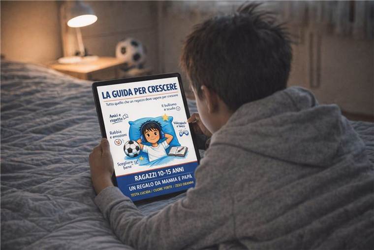 Ragazzo che legge la guida sul tablet in camera