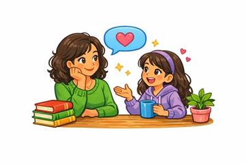 Mamma e figlia che parlano al tavolo
